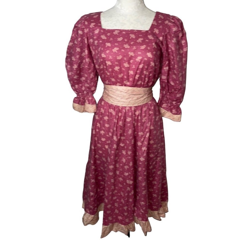John Roberts Vintage Womens Midi Dress Size Medium Pink Puff Sleeves Sash Belt